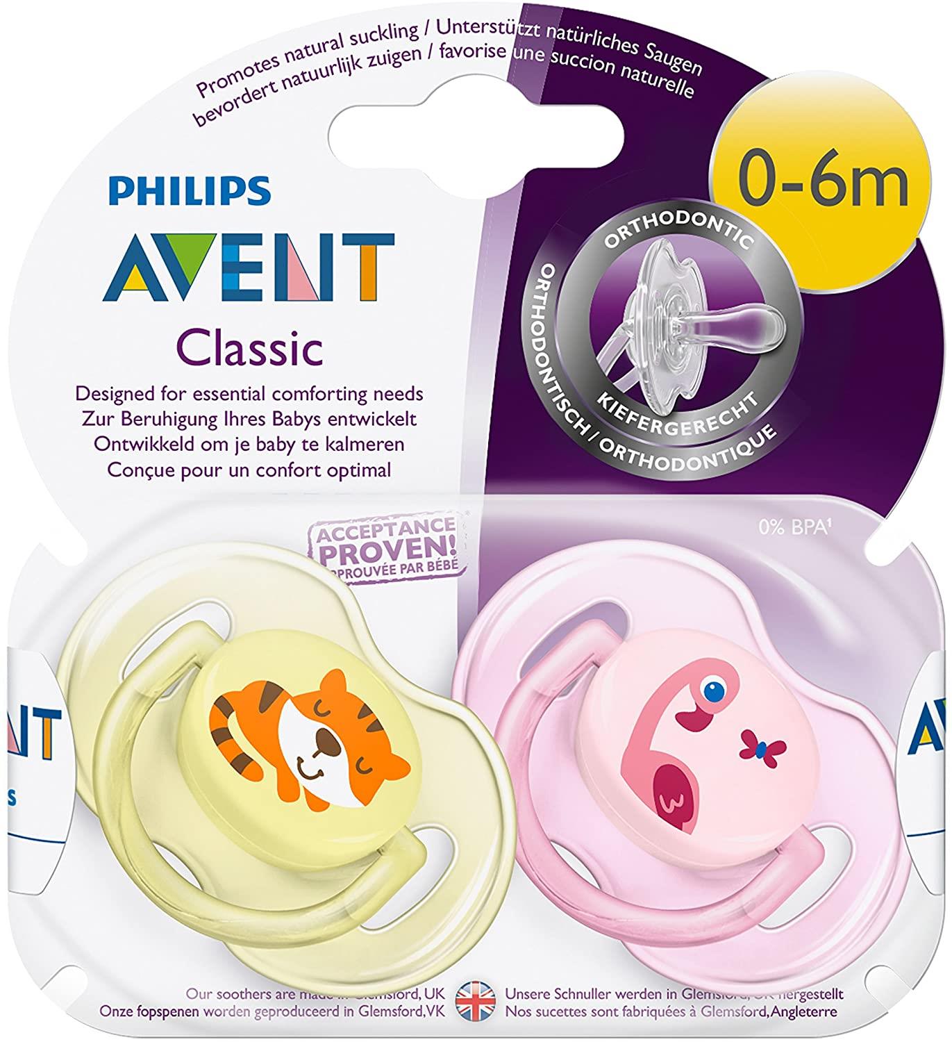 Philips Scf169/26 Avent Classic Soother 0-6 Months, Pack Of 2 (Tiger/Flamingo)