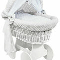 White Wicker Wheels Crib/Baby Moses Basket & Bedding White Stars On Grey/Dimple