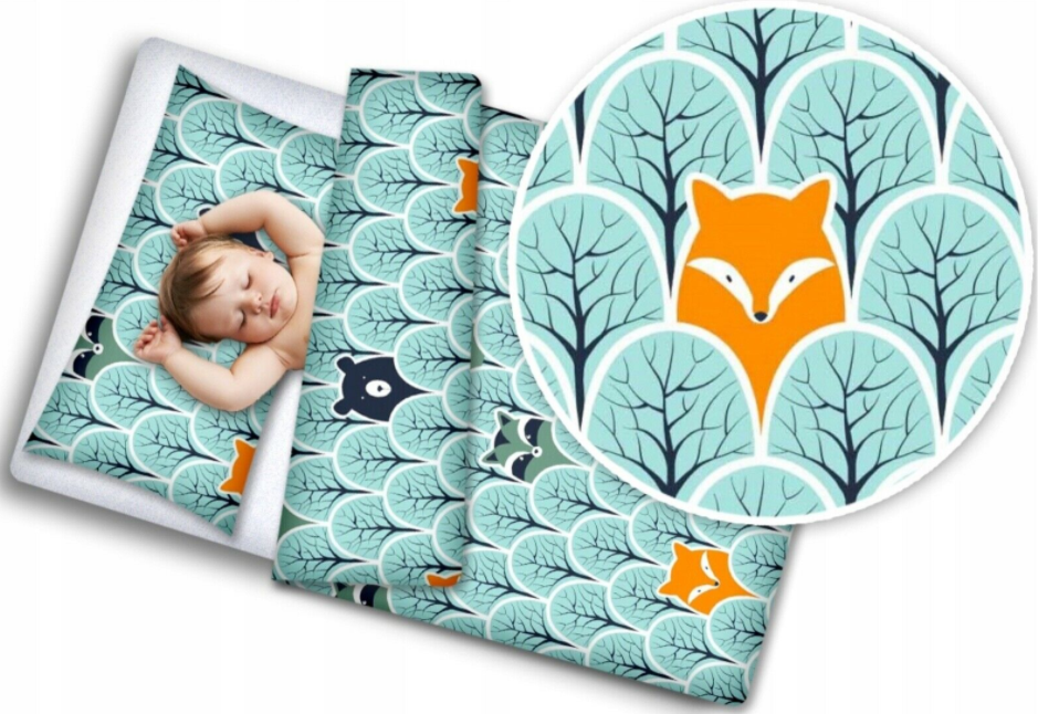 Baby bedding set 4pc with pillow and duvet Nursery 120x90cm - Fox in forest turquoise