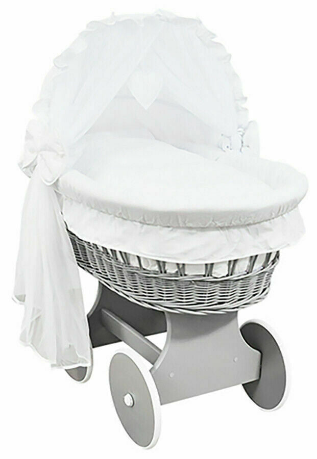 Grey Wicker Wheels Crib/Baby Moses Basket & Complete With Bedding In White  - 100% Cotton - MyHappy Baby