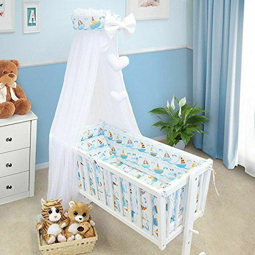 Baby Cot Bedding Set - 10 Piece Including Cot Bumper, Pillow, Duvet and Canopy to Fit 90x40cm Crib Boats - 100% Cotton