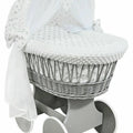 Grey Wicker Wheels Crib/Baby Moses Basket & Bedding Grey Stars On White/Dimple