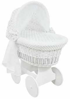 White Wicker Wheels Crib/Baby Moses Basket & Bedding Grey Stars On White/Dimple - MyHappy Baby