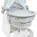 White Wicker Wheels Crib/Baby Moses Basket & Bedding White Stars On Grey - 100% Cotton