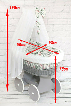 White Wicker Moses Basket Wheel Baby+Full Dimple Bedding Set Teddy Boy Grey - MyHappy Baby