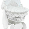 White Wicker Wheels Crib/Baby Moses Basket & Bedding Grey Stars On White - 100% Cotton