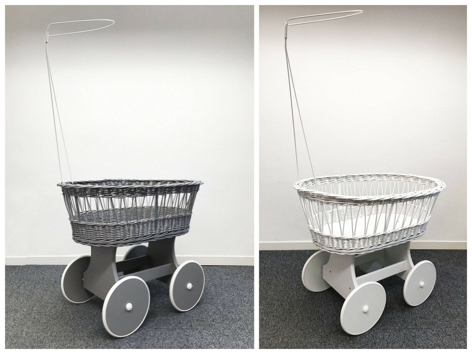 Grey/White Wicker Wheels Crib Baby Moses Basket With Canopy Holder