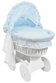 White Wicker Wheels Crib/Baby Moses Basket + Complete Bedding Blue/Cotton - MyHappy Baby