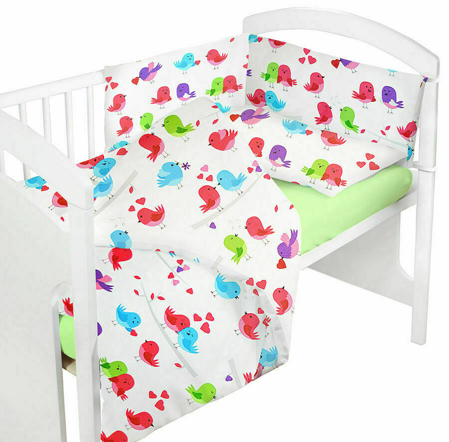 Baby Bedding Set 4Pc 100% Cotton 135x100cm Pillow Duvet Fit Cot Bed - Birds