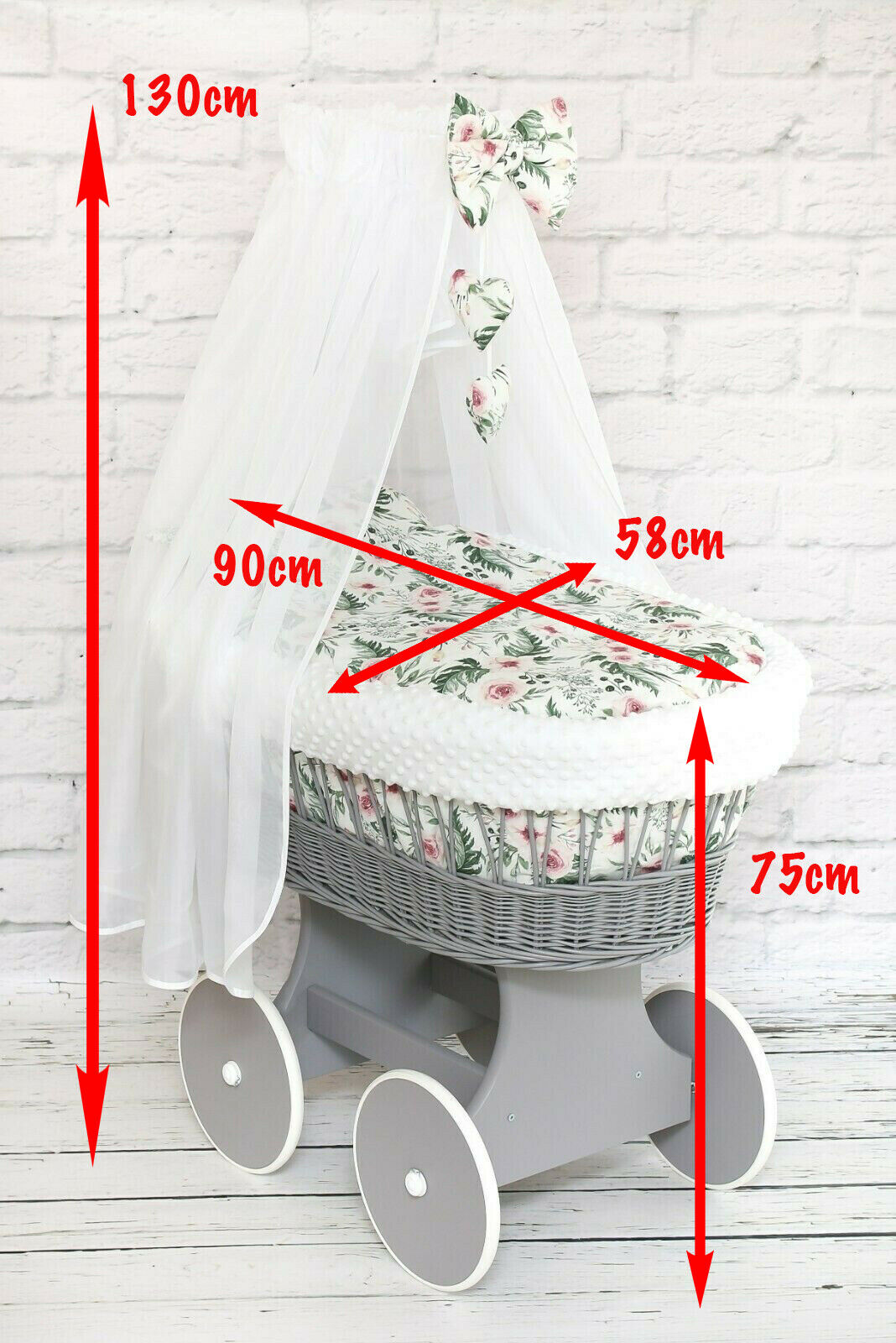 Grey/White Wicker Wheels Crib Baby Moses Basket With Canopy Holder