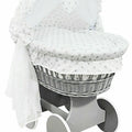Grey Wicker Wheels Crib/Baby Moses Basket & Bedding Grey Stars On White - 100% Cotton