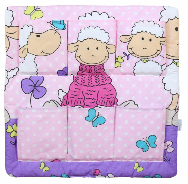 Cot Tidy Organiser Bed Nursery Hanging Storage 6 Pockets Sheep Pink