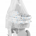 White Wicker Wheels Moses Basket Baby+Full Bedding Set Blue Grey Stars
