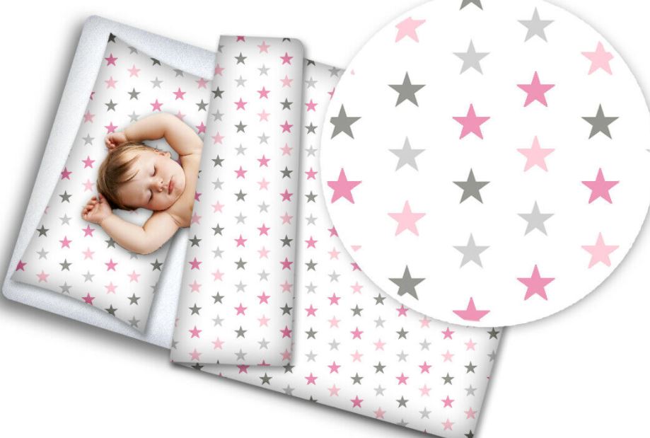 Baby 3Pc Bedding Set Pillow Duvet Bumper All-Round Fit Cotbed 140X70cm Grey Pink Stars