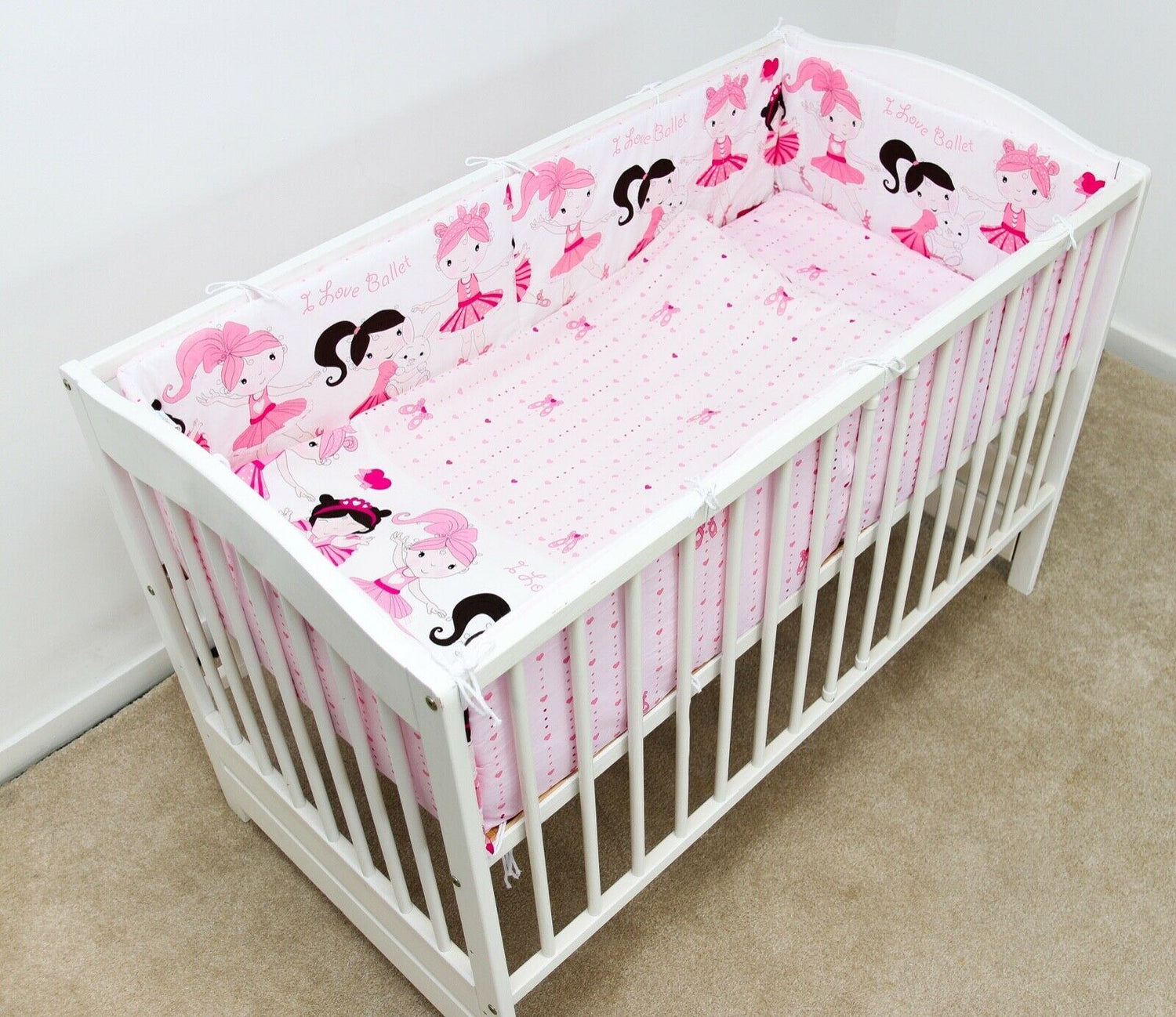 Padded Bumper To Fit Baby Cot Bed All-Round Cotton 420cm Ballerina Pink