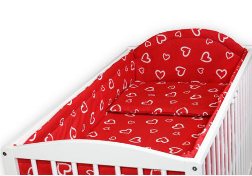 Padded Bumper To Fit Baby Cot Bed All-Round Cotton 420cm White Hearts On Red