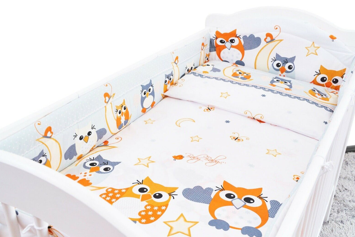 Padded Bumper To Fit Baby Cot Bed All-Round Cotton 420cm Owls Moon Grey