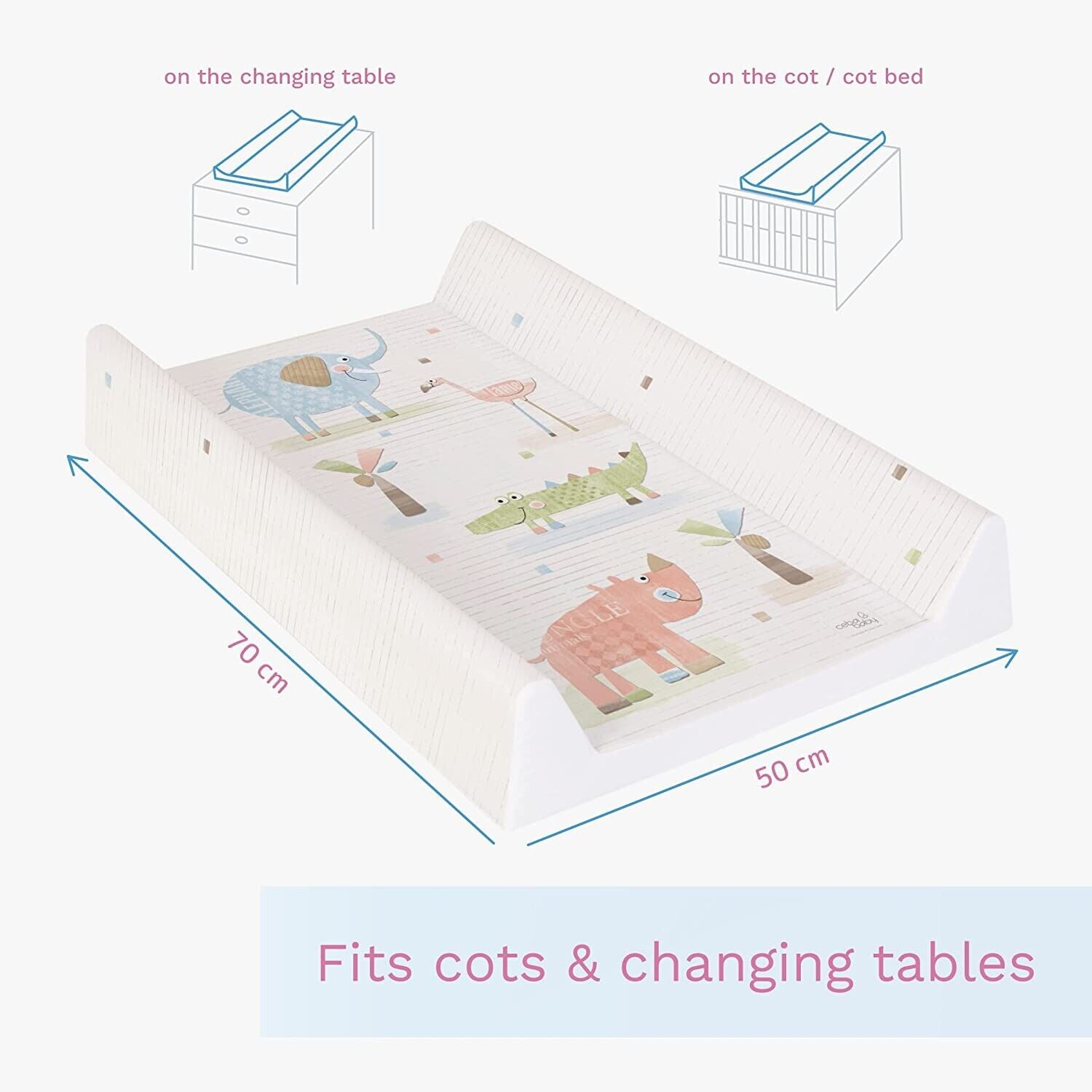 Baby Changing mat Hard Base Nursery Padded 70x50cm Fit Cot Gang Elephant ecru