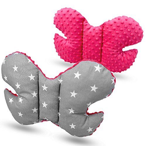 Butterfly Dimple Pillow Baby head and neck support Pink - small white stars on grey background
