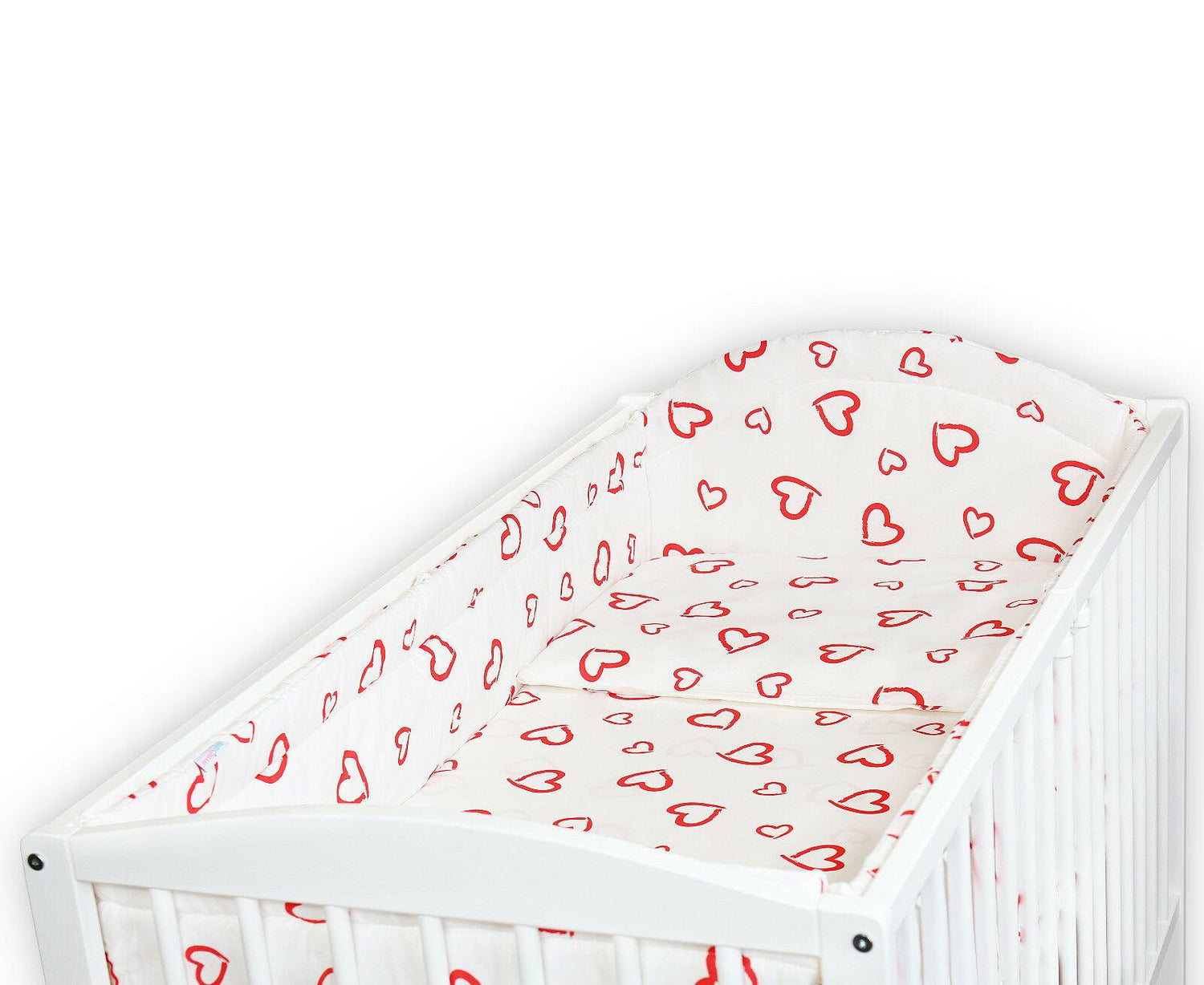 Padded Bumper To Fit Baby Cot Bed All-Round Cotton 420cm Red Hearts On White