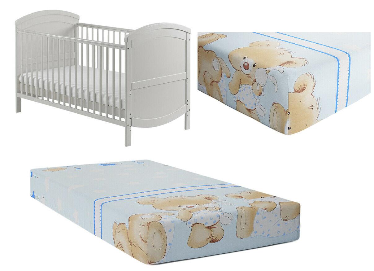 Baby Fitted Cot Sheet Printed Design 100% Cotton Mattress 120X60 cm Cuddle Bear Blue