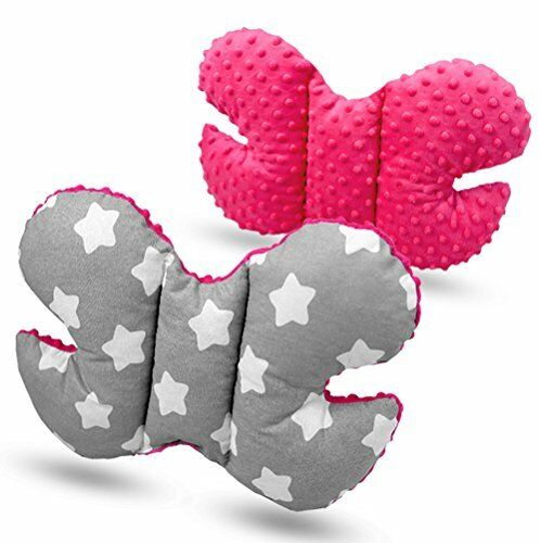 Butterfly Dimple Pillow Baby head and neck support Pink - big white stars on grey background