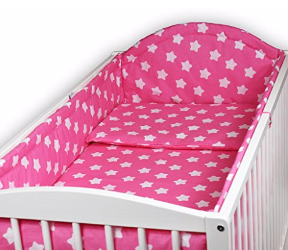 Padded Bumper To Fit Baby Cot Bed All-Round Cotton 420cm Big White Stars On Pink