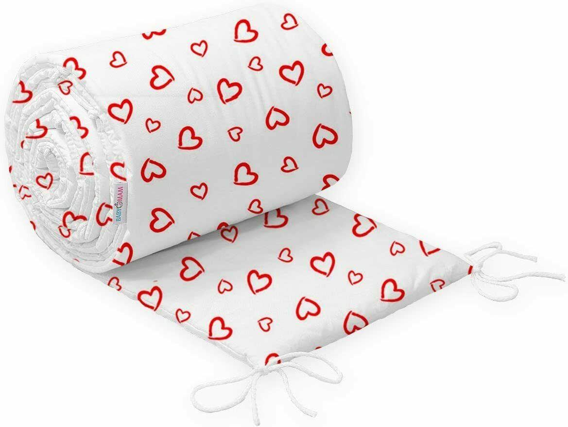 Padded Bumper To Fit Baby Cot Bed All-Round Cotton 420cm Red Hearts On White