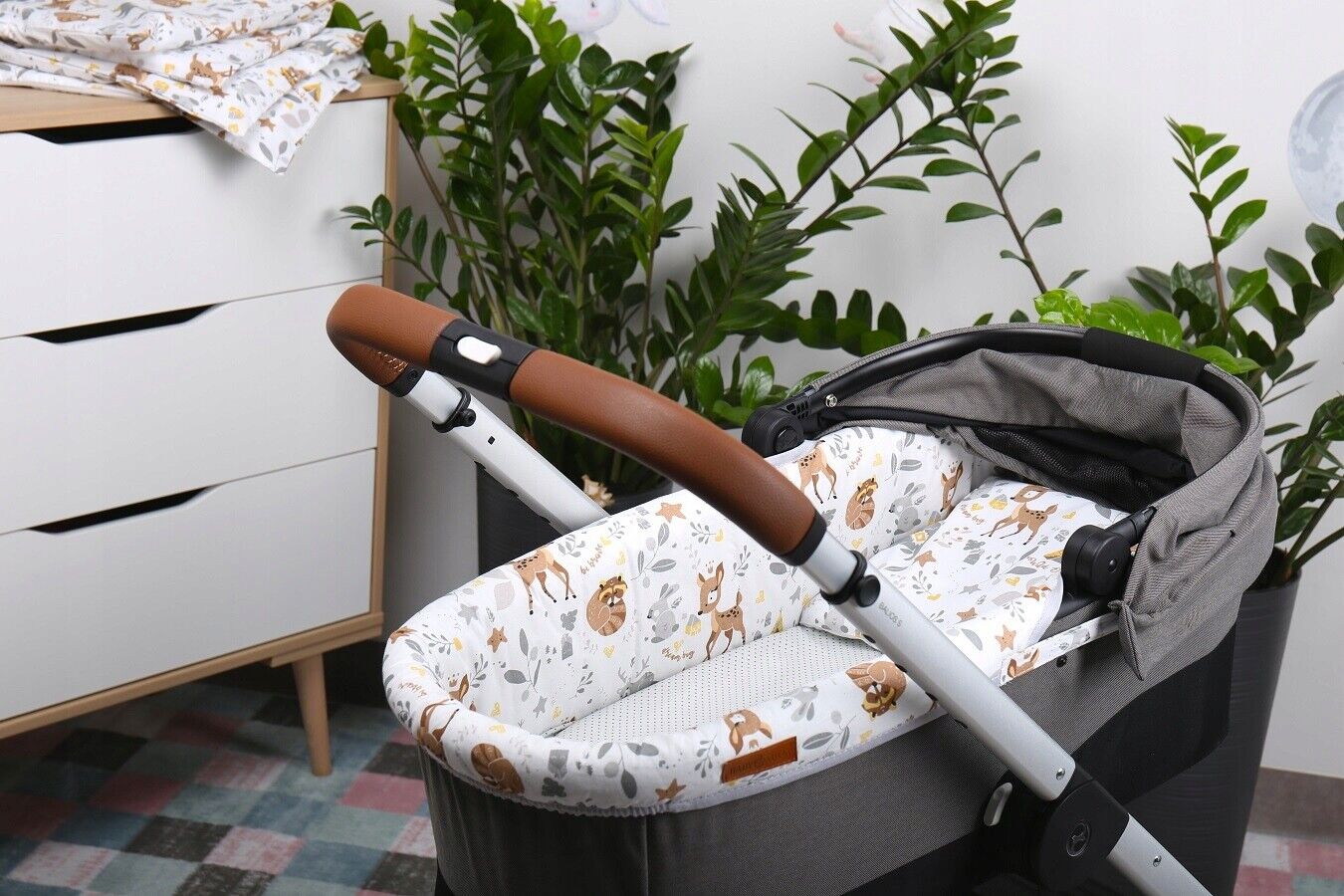 Carrycot cover Double-sided Liner Pushchair Pram Deer and Friends/Dots grey