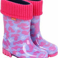 Wellies Kids Rain Snow Boots Removable Inner Lining Socks Wellington White & Pink Hearts