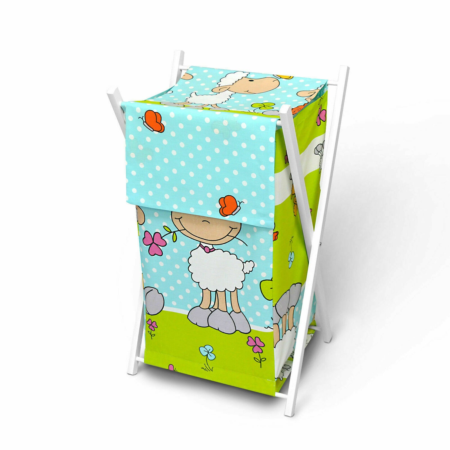 Laundry Basket with white wooden frame and storage removable linen SHEEP TURQUISE