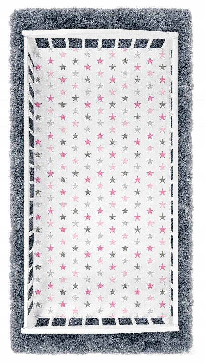 Baby Fitted Cot Bed Sheet Printed 100% Cotton Mattress 140X70cm Grey Pink Stars