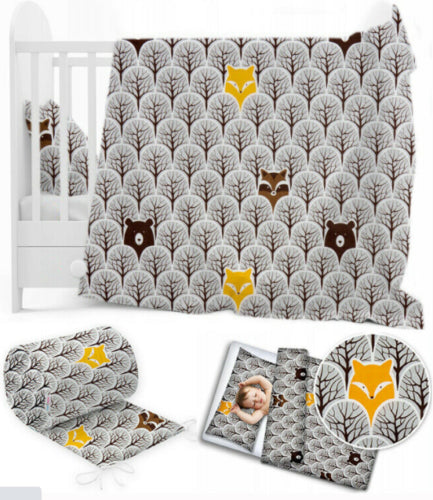 Baby 3Pc Bedding Set Pillow Duvet Bumper Fit Cotbed 140X70cm Fox In Forest Grey