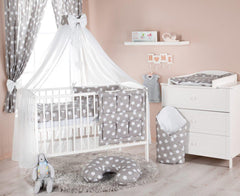 Baby Bedding Set 10Pc Fit Cot Bed 140x70cm - Big White Stars On Grey - MyHappy Baby