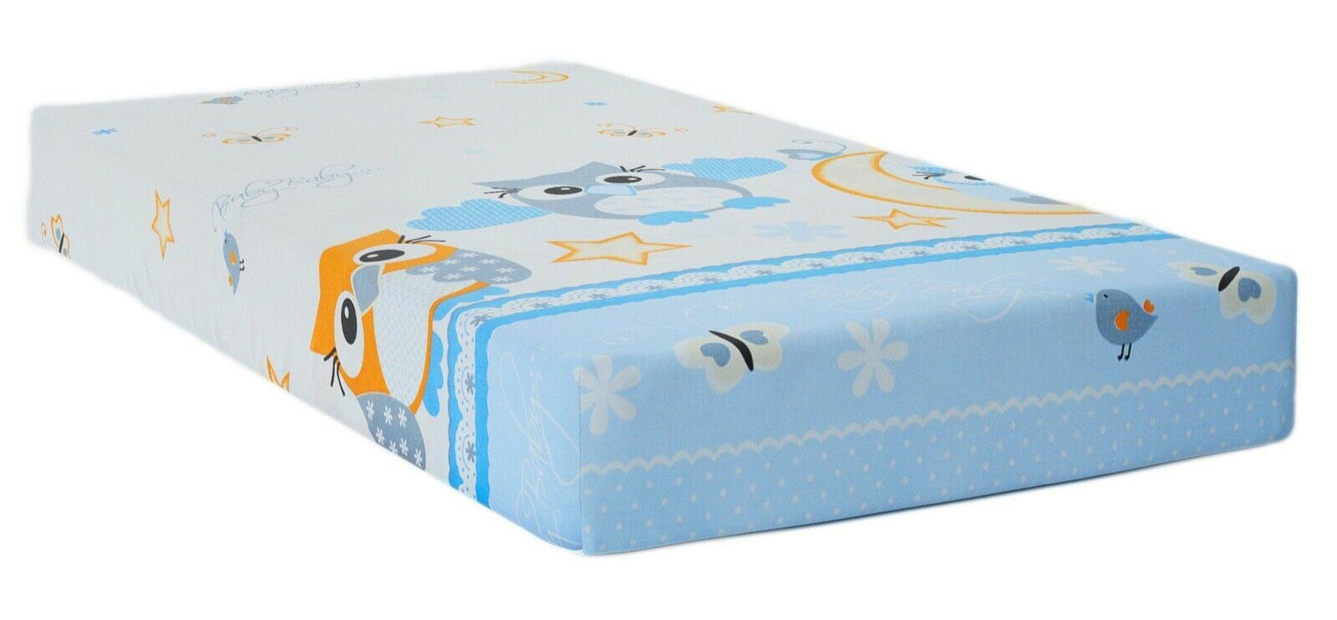 Baby Fitted Cot Sheet Printed Design 100% Cotton Mattress 120X60 cm Owls Moon Blue