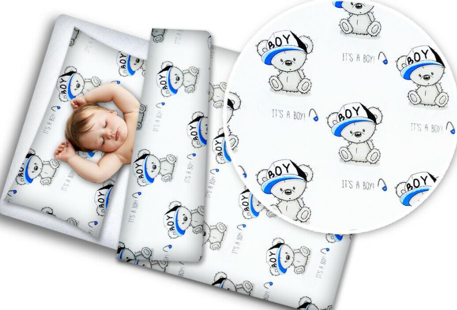 Baby 4Pc Bedding Set Pillow Duvet Quilt Fit Cotbed 140X70cm Teddy Boy White