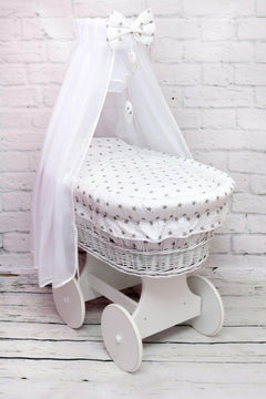White Wicker Wheels Moses Basket Baby+Full Bedding Set Grey stars on white - MyHappy Baby