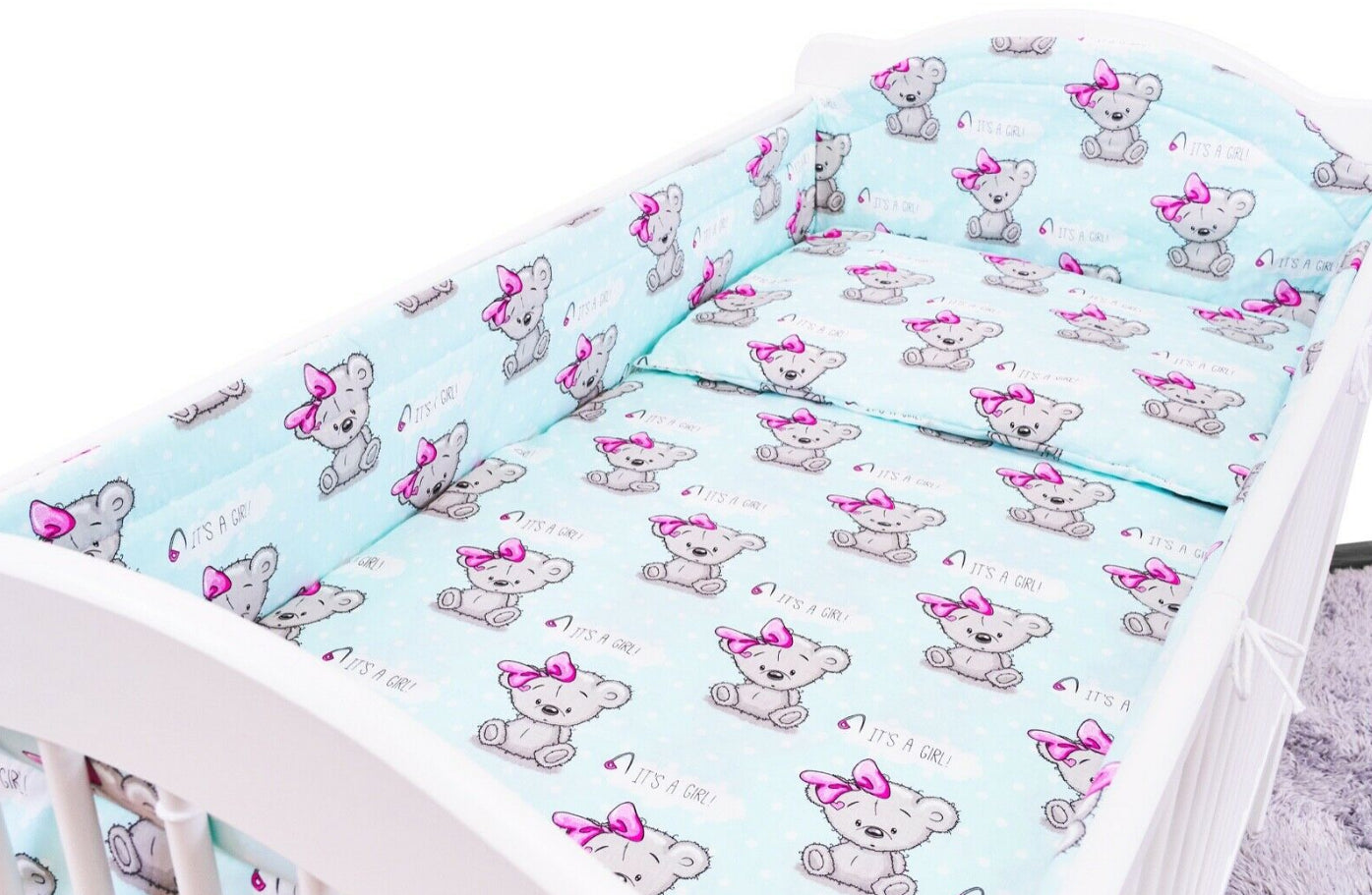 Padded Bumper To Fit Baby Cot Bed All-Round Cotton 420cm Teddy Girl Mint