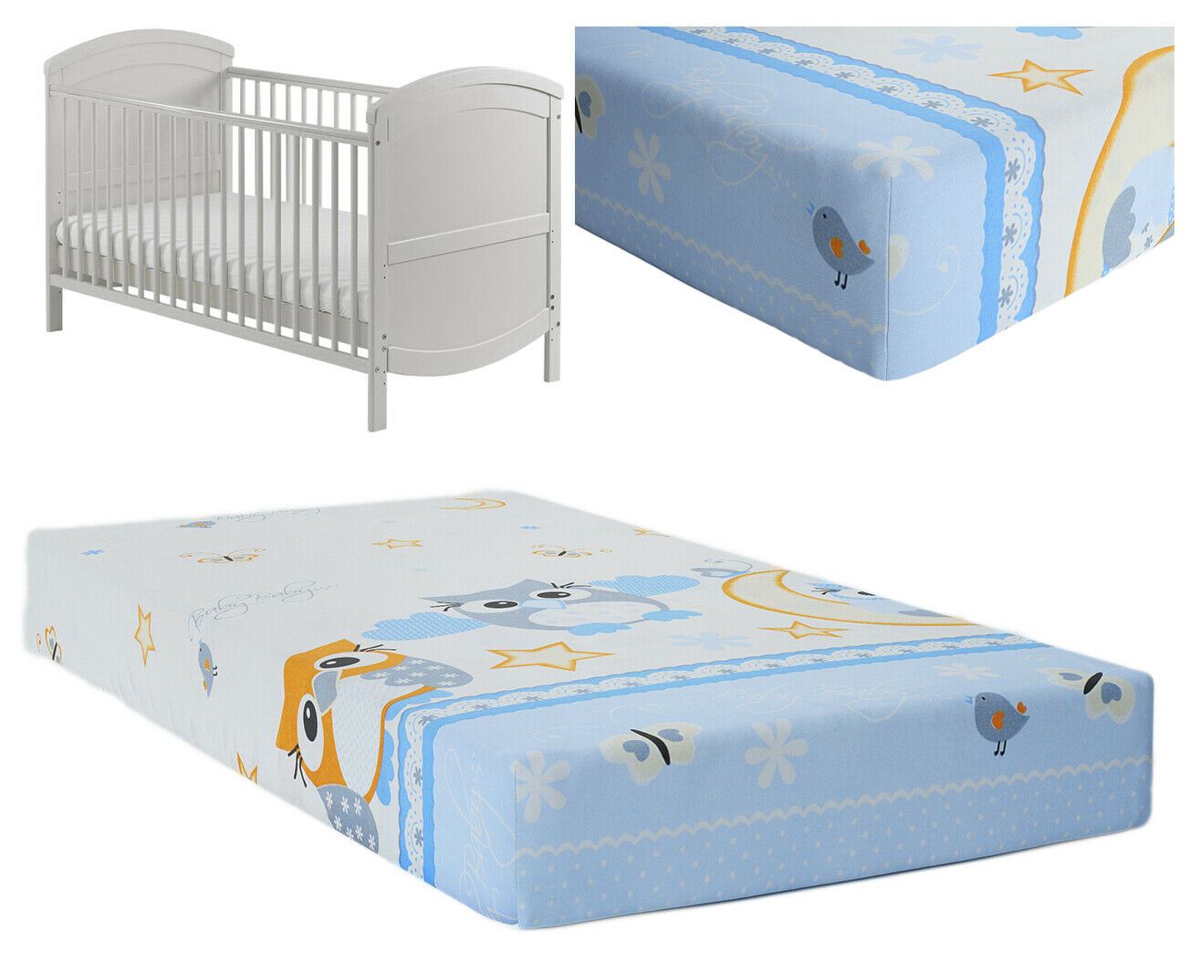 Baby Fitted Cot Sheet Printed Design 100% Cotton Mattress 120X60 cm Owls Moon Blue