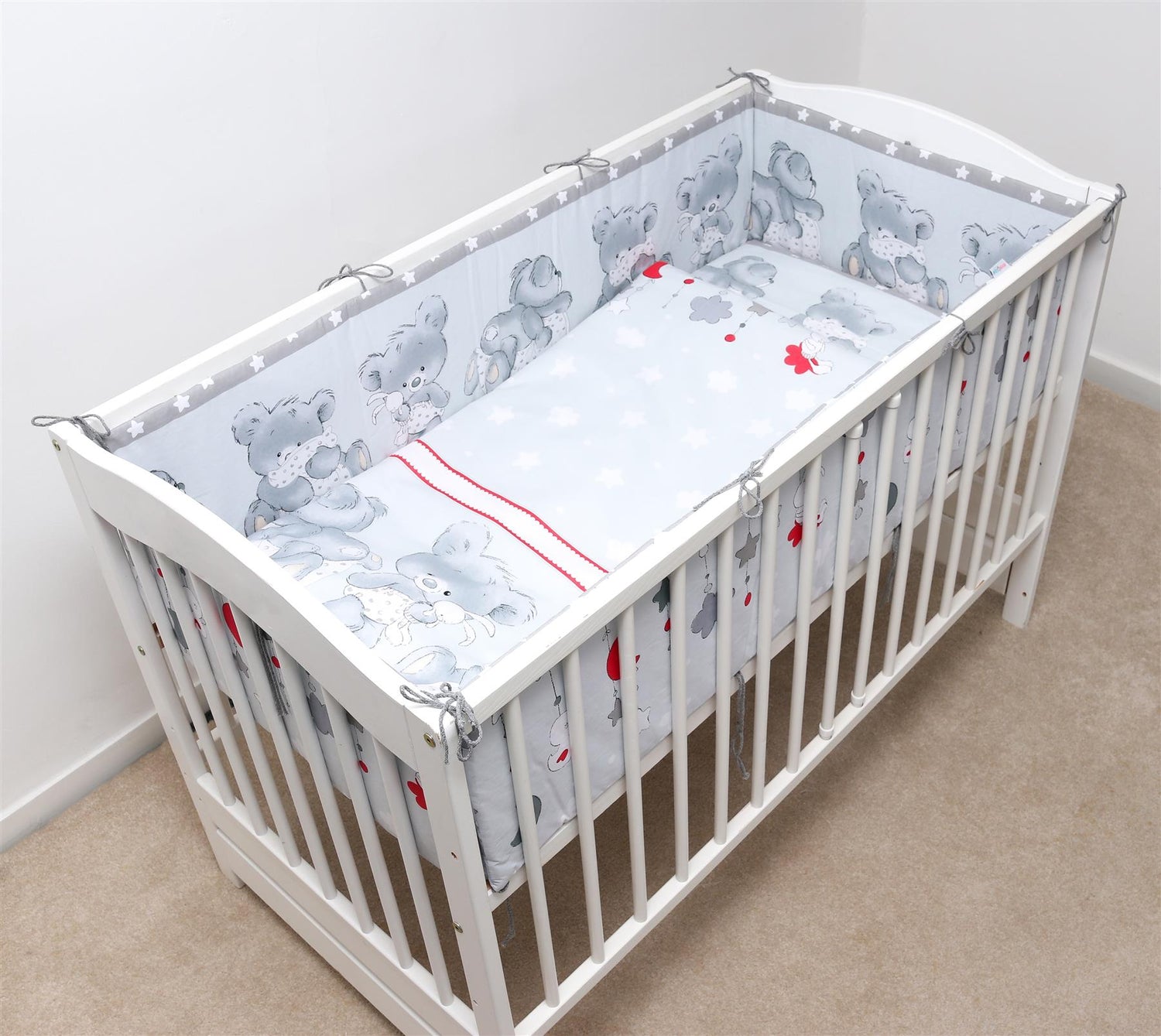 Padded Bumper To Fit Baby Cot Bed All-Round Cotton 420cm Cuddle Bear Grey