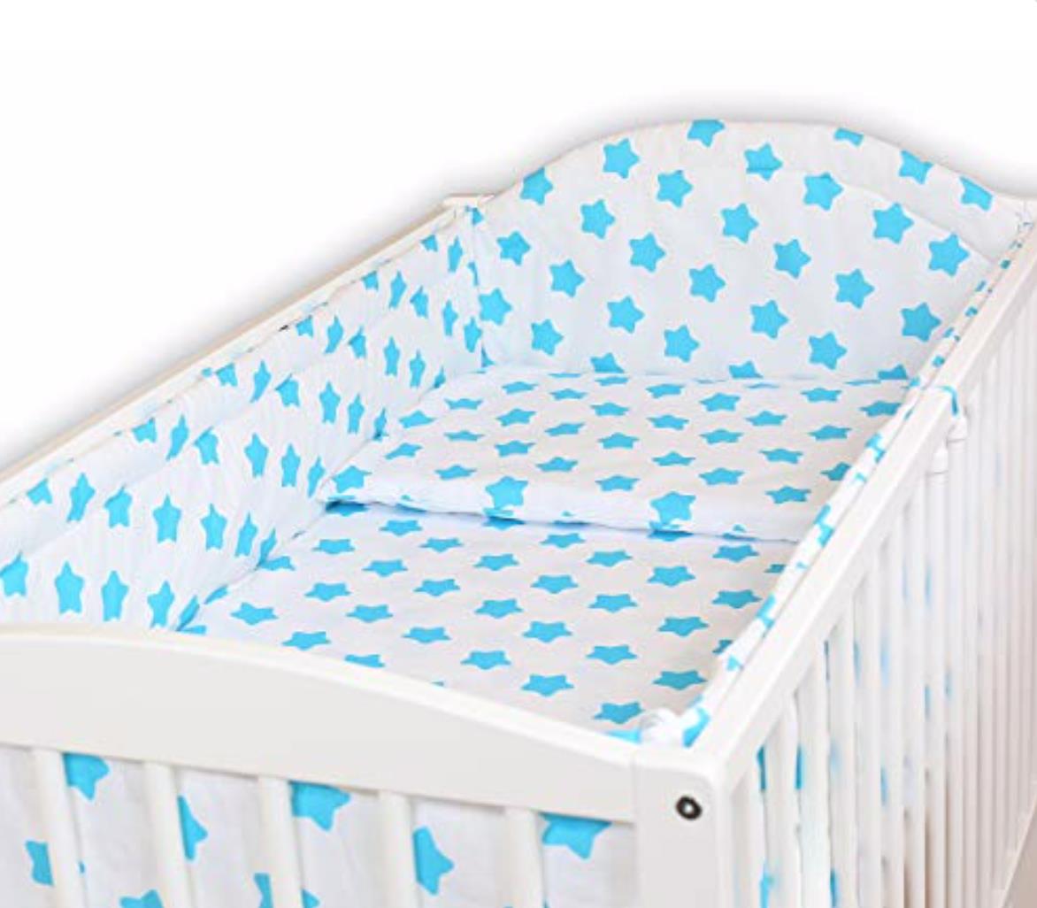 Padded Bumper To Fit Baby Cot Bed All-Round Cotton 420cm Big Turquoise Stars On White