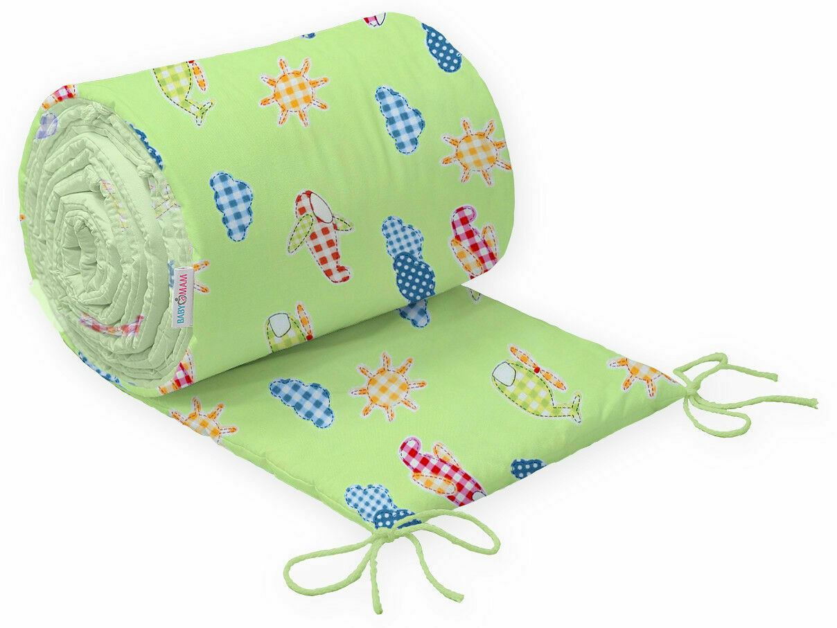 Baby padded bumper 180cm fit COT 100% Cotton Planes Green