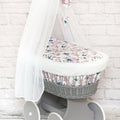 Grey Wicker Wheels Moses Basket Baby+Full Bedding Set Dream catcher birds - white dimple