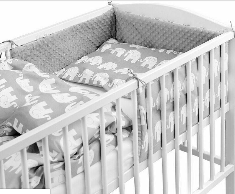 Baby 3Pc Dimple Bedding Set Pillow Duvet Bumper Fit Cotbed 140X70cm Dimple Grey/ Grey Elephants - MyHappy Baby
