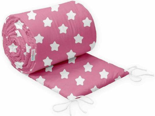 Padded Bumper To Fit Baby Cot Bed All-Round Cotton 420cm Big White Stars On Pink