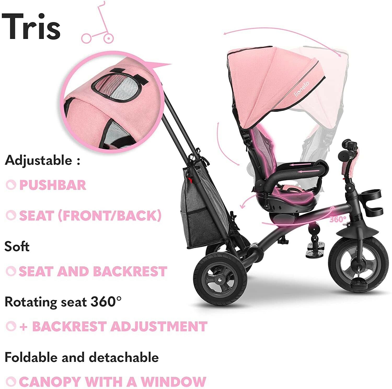 Bike Stroller Tricycle With Bag Lionelo Tris Candy Rose/Grey 2 In 1