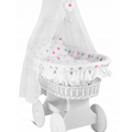 White Wicker Wheels Moses Basket Baby+Full Bedding Set Pink Grey Stars