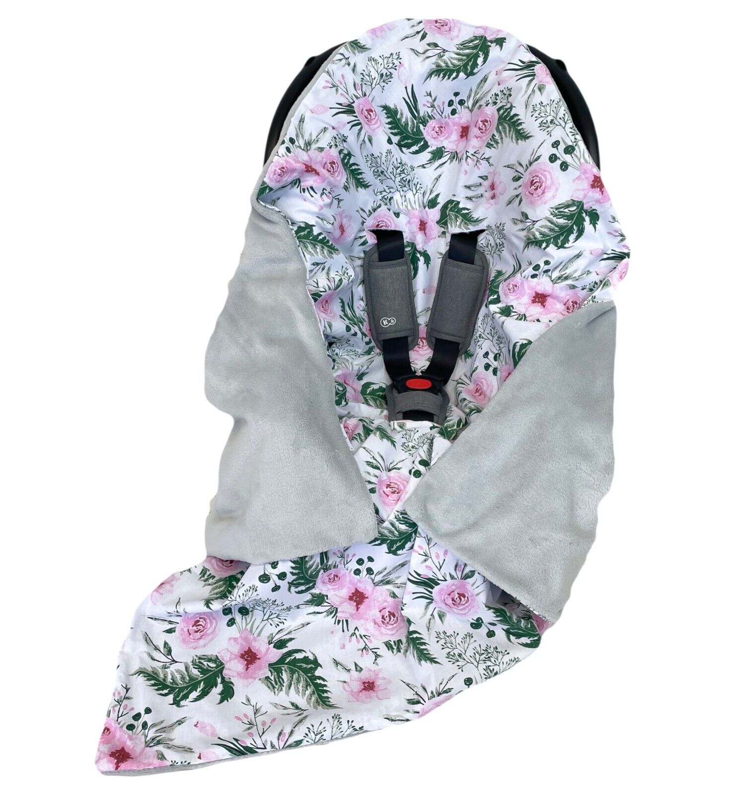 Baby Car Seat Blanket Reversible Wrap Double Sided 100x100 Grey/Garden Flowers