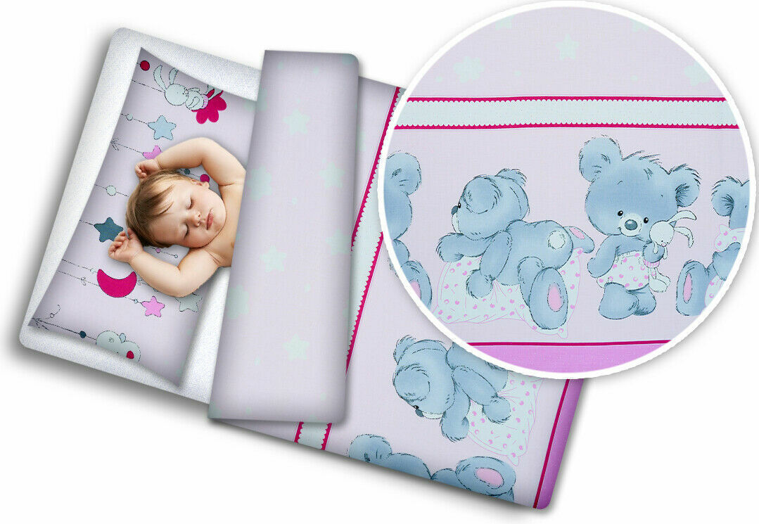 Baby Bedding Set 4Pc 135x100Cm Pillow And Duvet Nursery Fit Cotbed 100% Cotton Cuddle Bears Pink