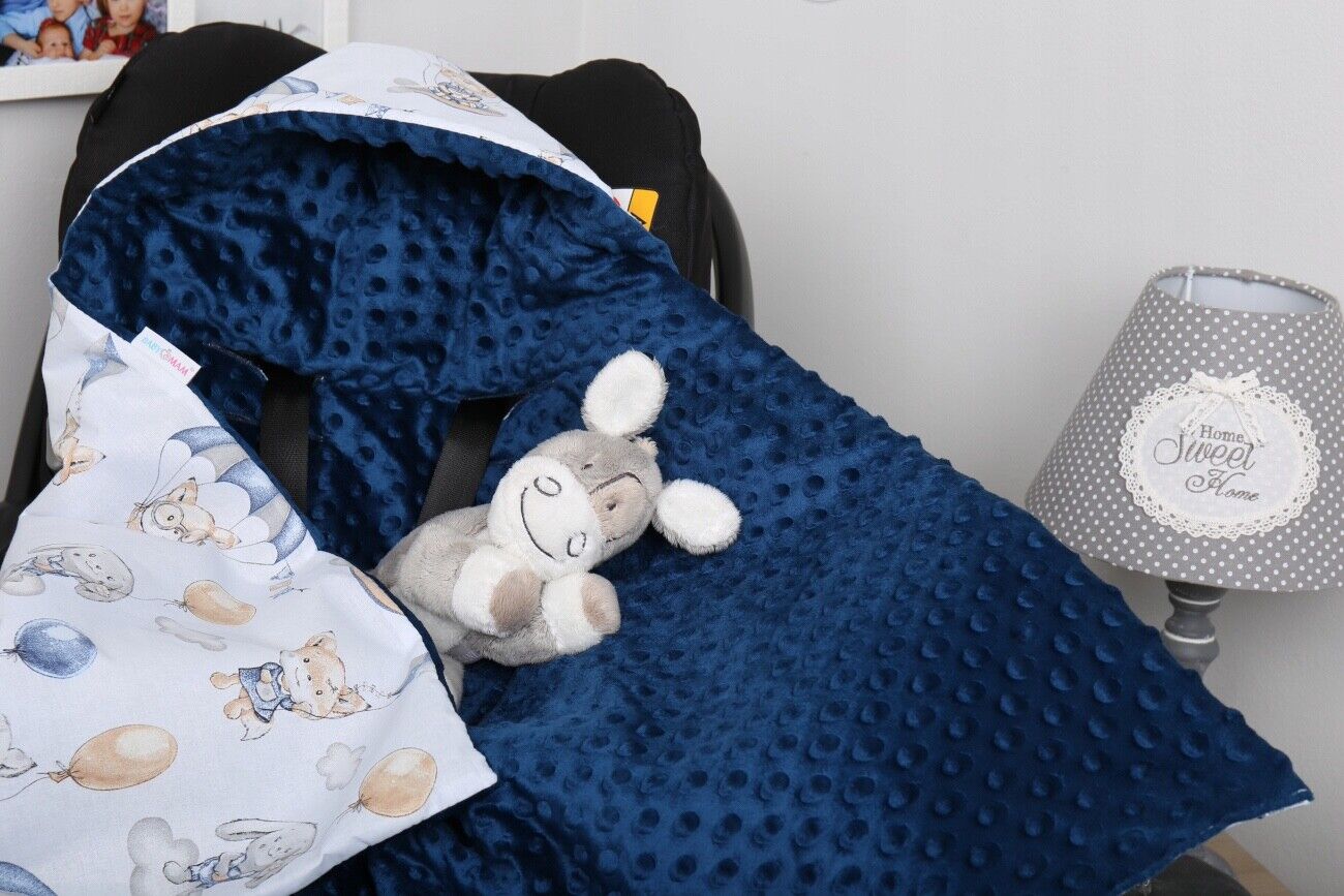 Baby Car Seat Hooded Blanket Double-sided Swaddle Wrap NAVY/ Walk in the clouds